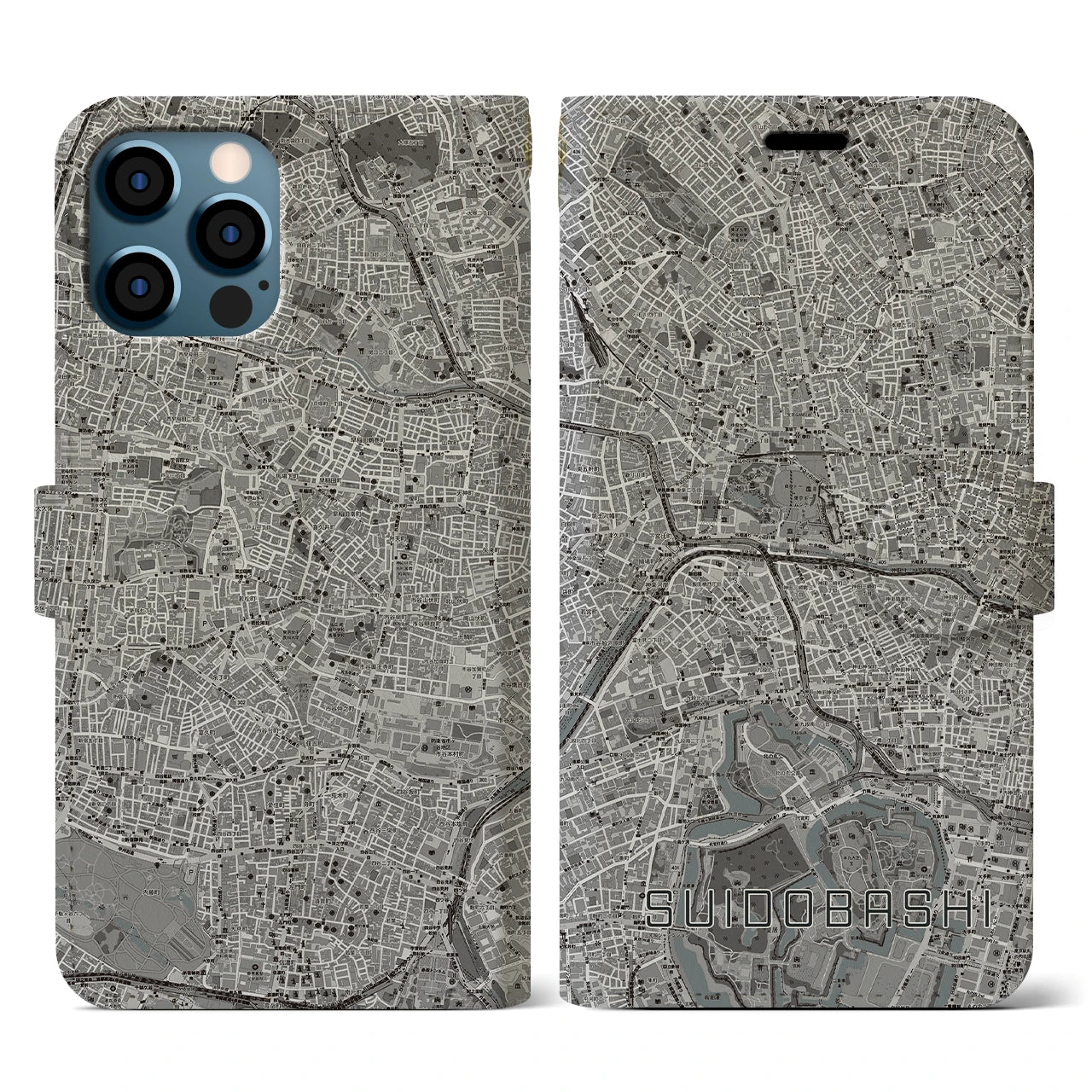 【水道橋(東京都)】地図柄iPhoneケース(手帳タイプ)モノトーン・iPhone 12 / 12 Pro 用