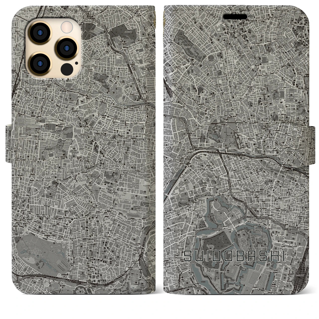 【水道橋(東京都)】地図柄iPhoneケース(手帳タイプ)モノトーン・iPhone 12 Pro Max 用