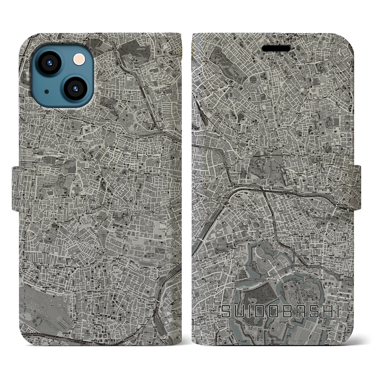 【水道橋(東京都)】地図柄iPhoneケース(手帳タイプ)モノトーン・iPhone 13 用