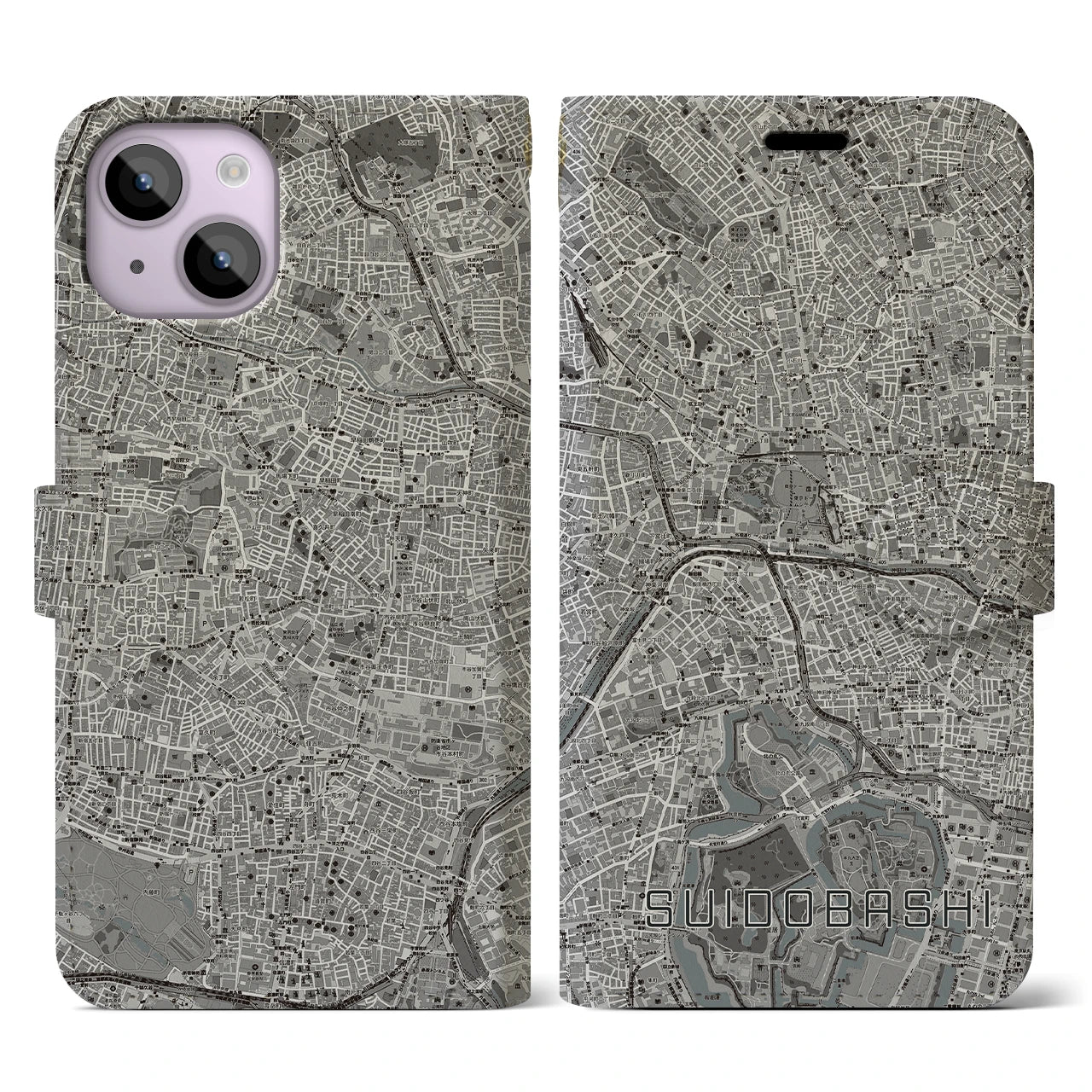 【水道橋(東京都)】地図柄iPhoneケース(手帳タイプ)モノトーン・iPhone 14 用