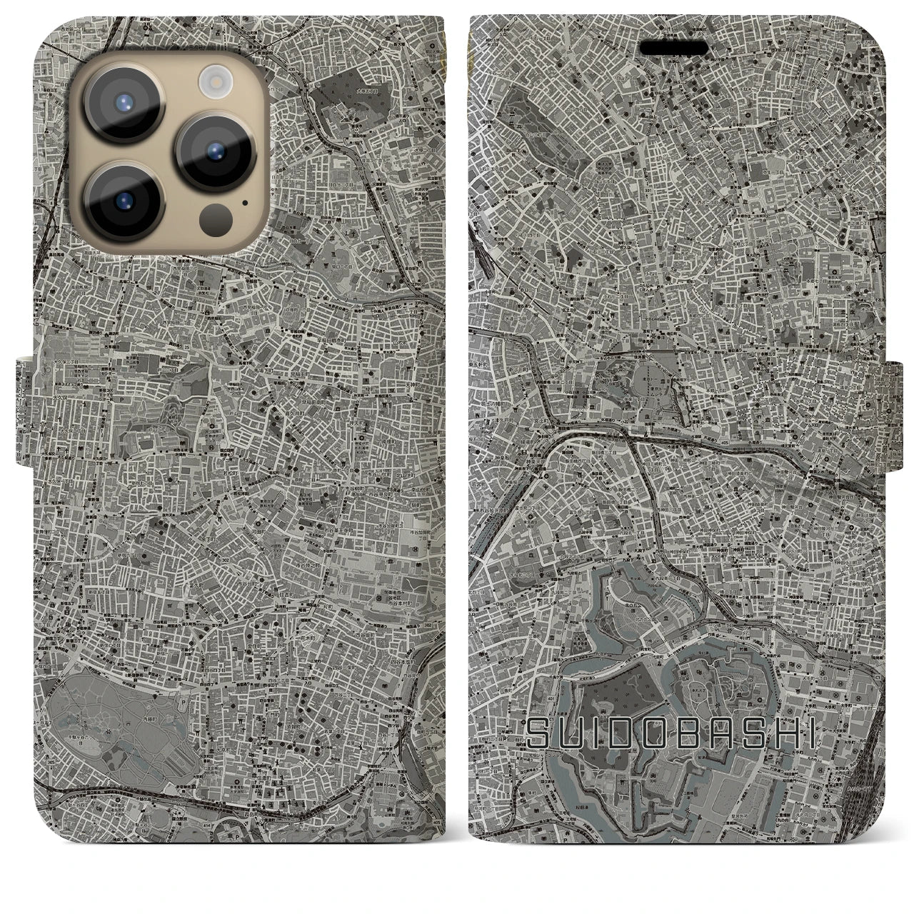 【水道橋(東京都)】地図柄iPhoneケース(手帳タイプ)モノトーン・iPhone 14 Pro Max 用