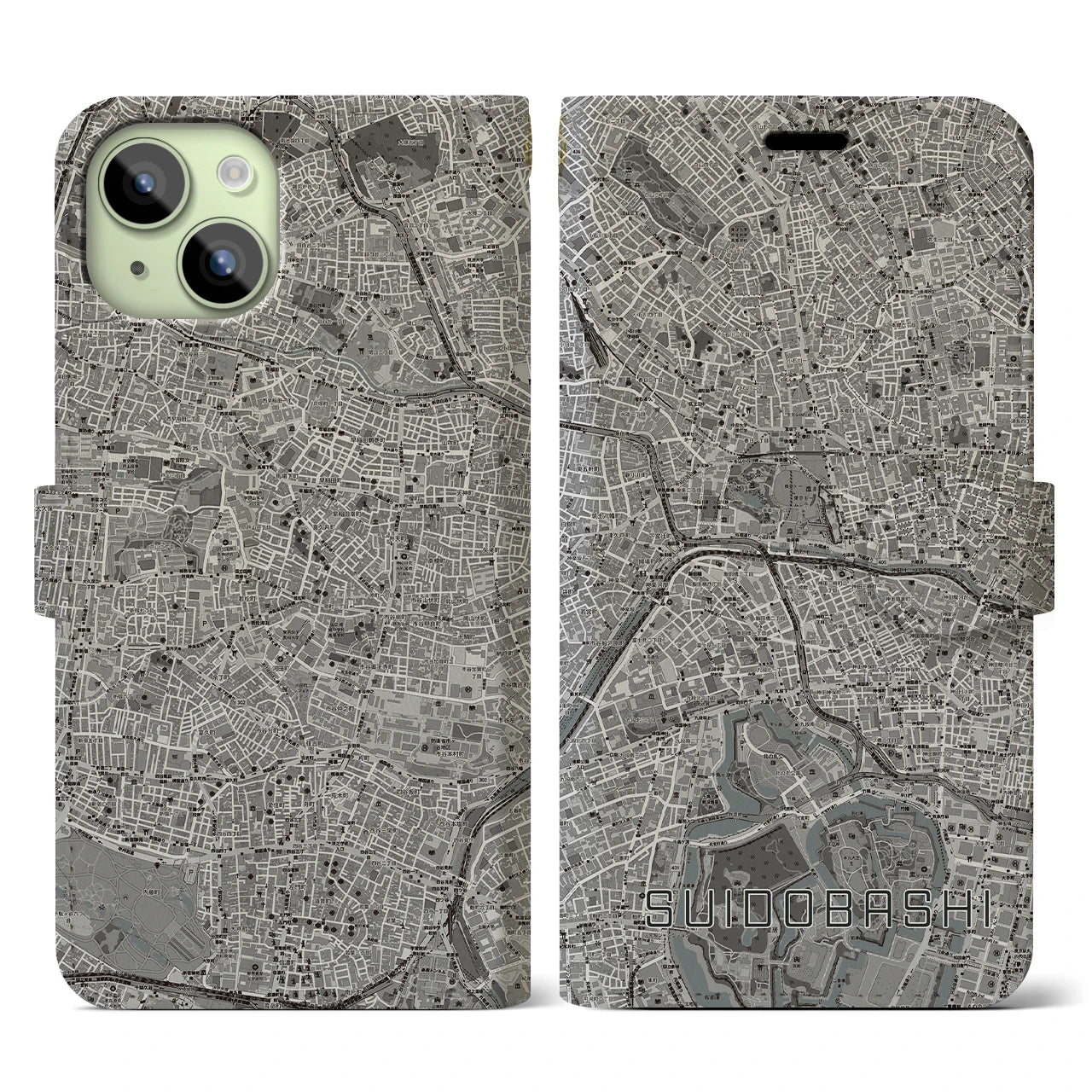 【水道橋(東京都)】地図柄iPhoneケース(手帳タイプ)モノトーン・iPhone 15 用