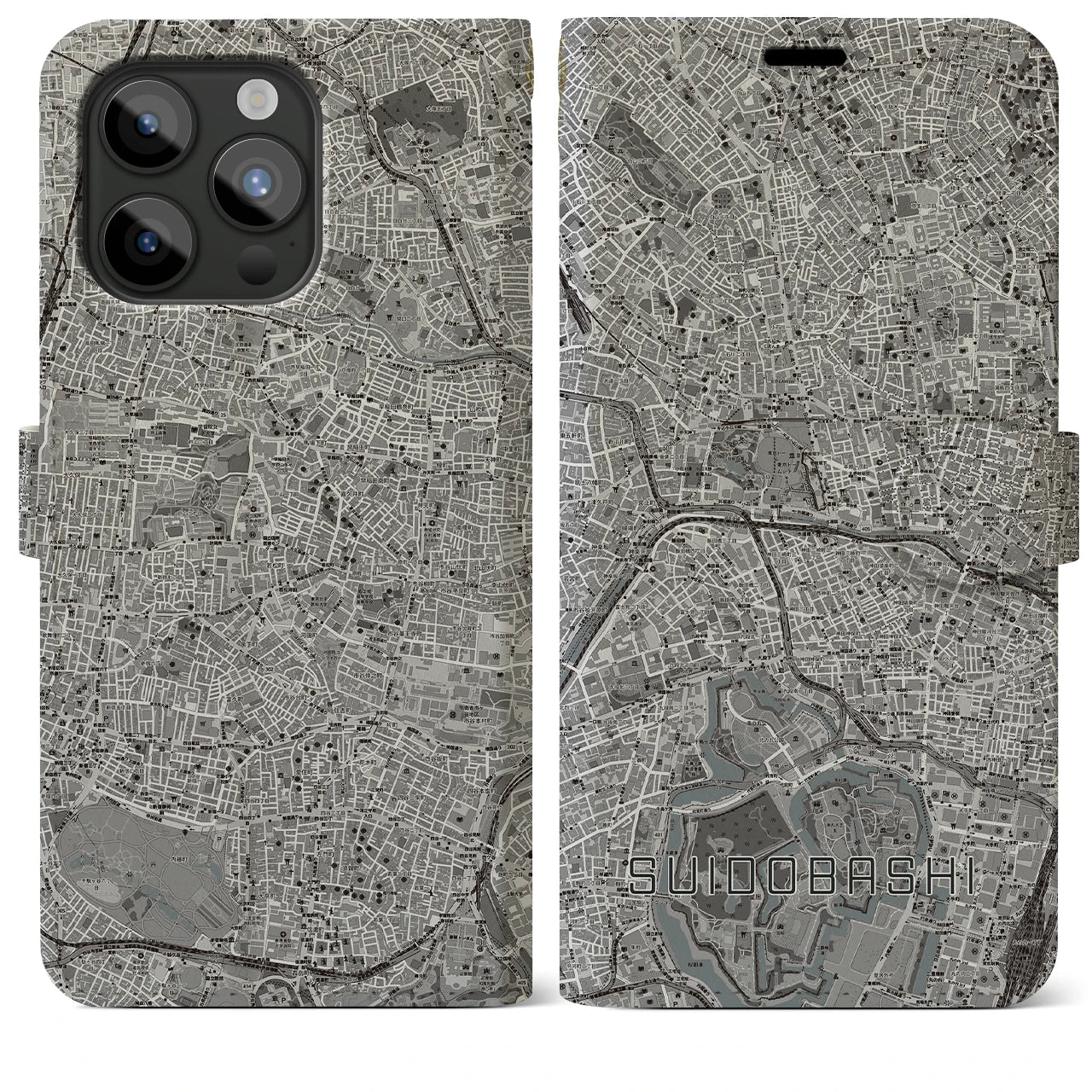 【水道橋(東京都)】地図柄iPhoneケース(手帳タイプ)モノトーン・iPhone 15 Pro Max 用