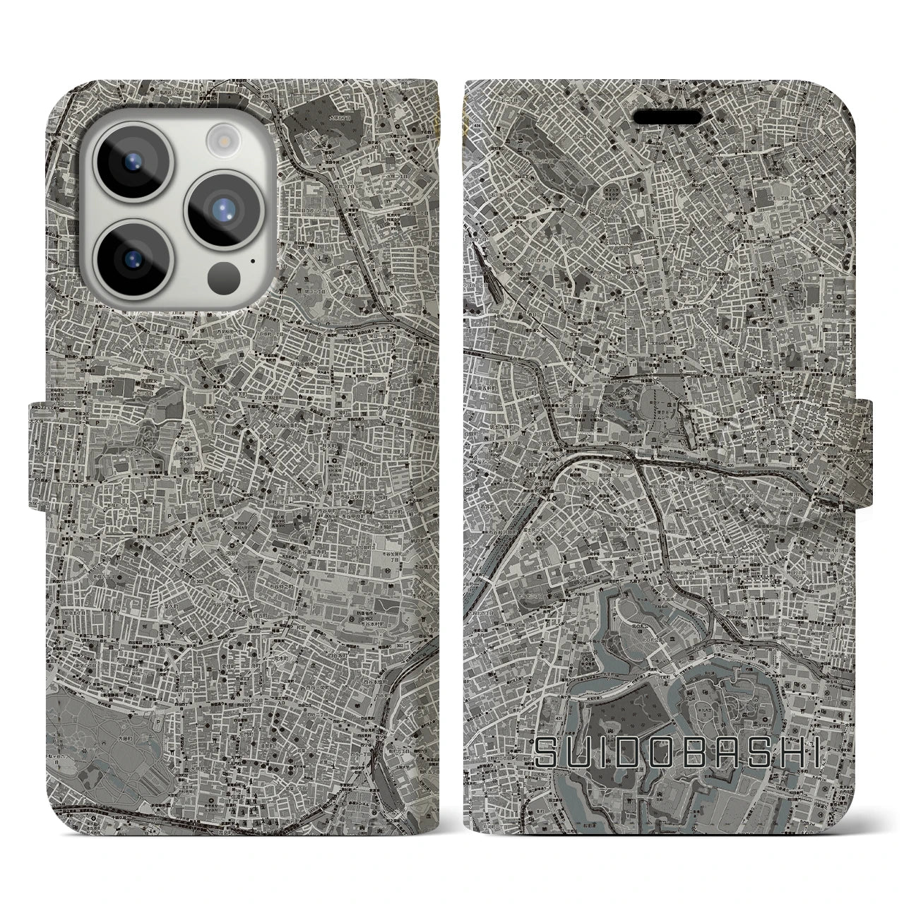 【水道橋(東京都)】地図柄iPhoneケース(手帳タイプ)モノトーン・iPhone 15 Pro 用