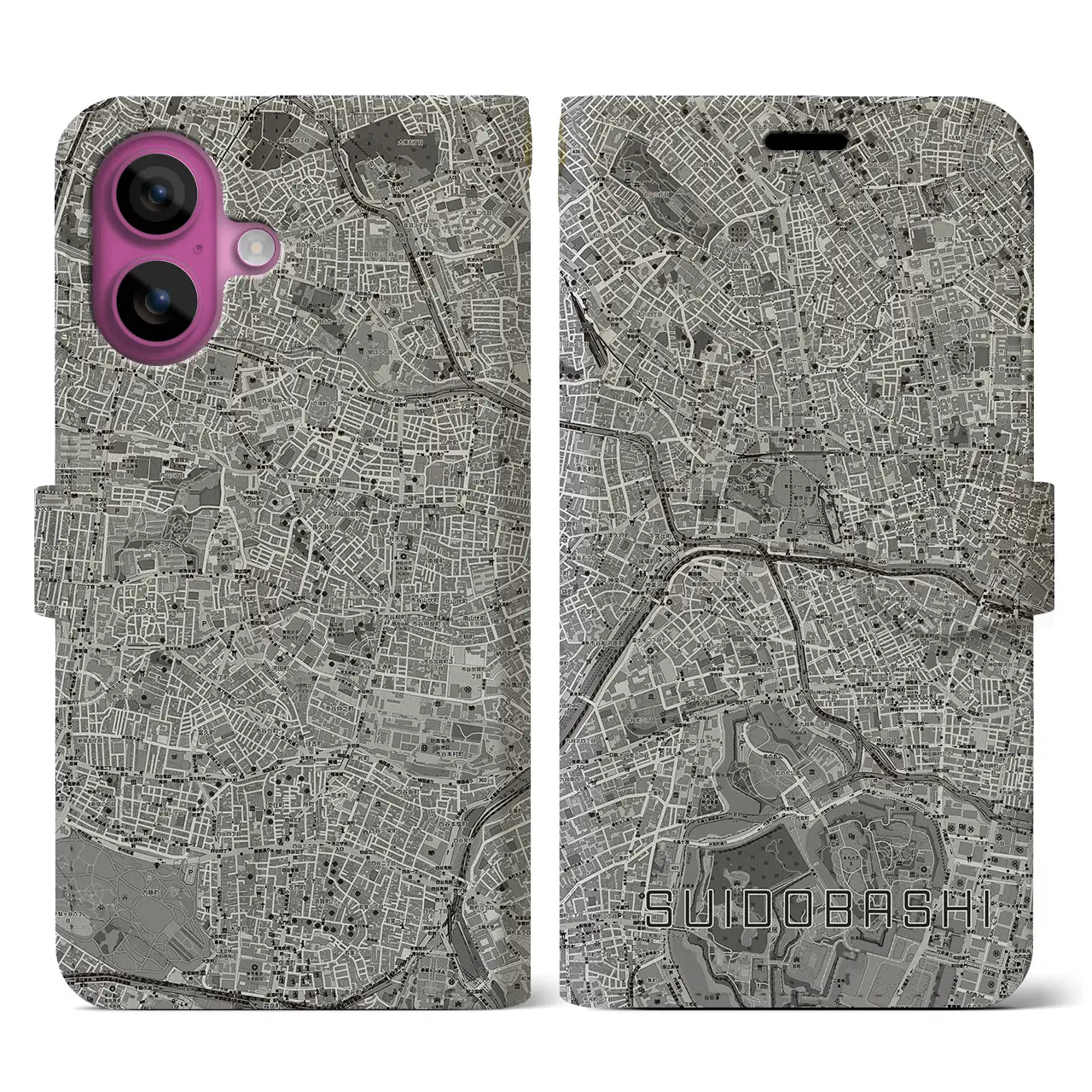 【水道橋(東京都)】地図柄iPhoneケース(手帳タイプ)モノトーン・iPhone 16 Pro 用