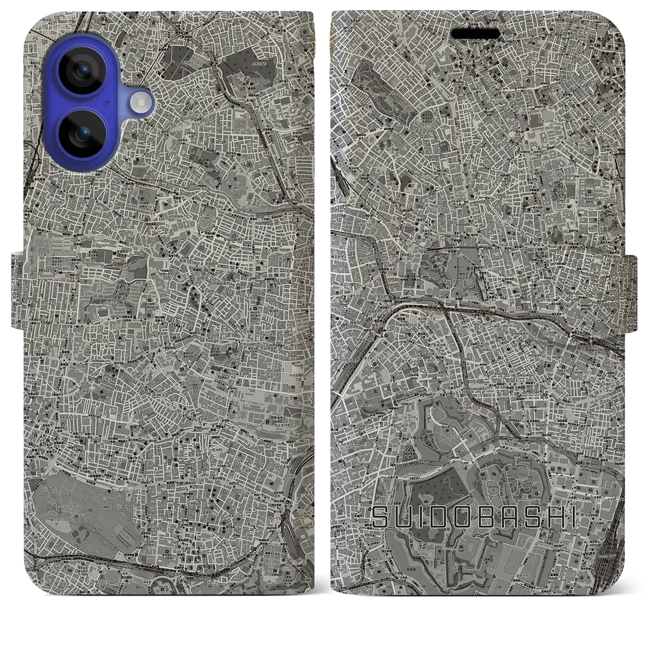 【水道橋(東京都)】地図柄iPhoneケース(手帳タイプ)モノトーン・iPhone 16 Pro Max 用