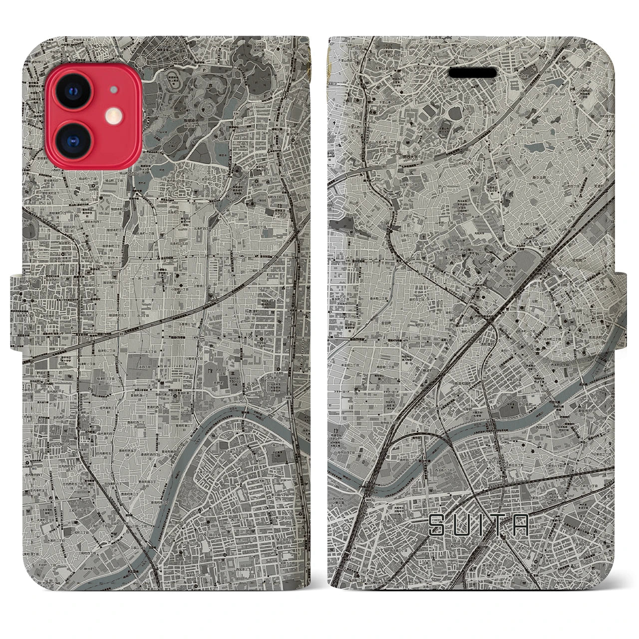 【吹田(大阪府)】地図柄iPhoneケース(手帳タイプ)モノトーン・iPhone 11 用