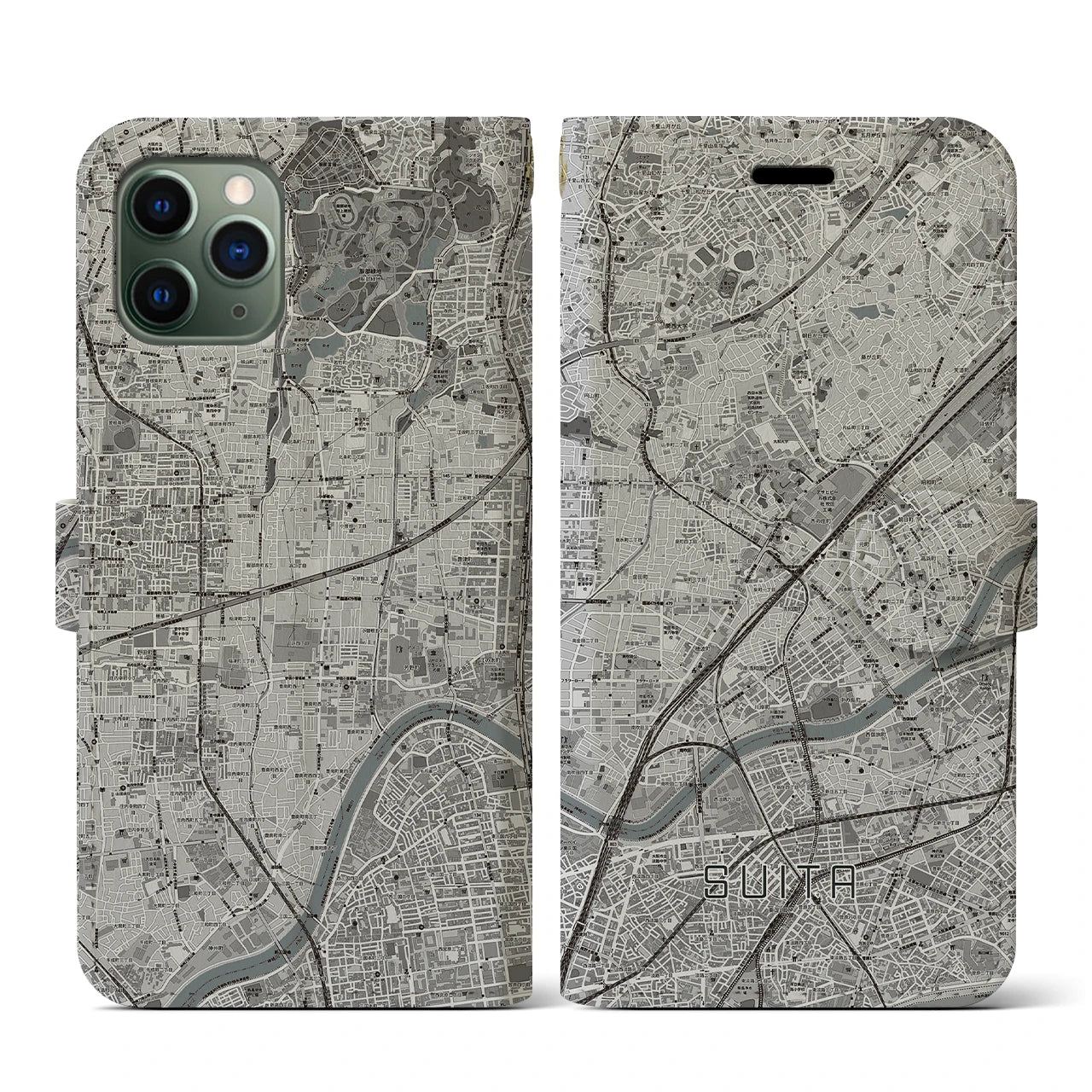 【吹田(大阪府)】地図柄iPhoneケース(手帳タイプ)モノトーン・iPhone 11 Pro 用