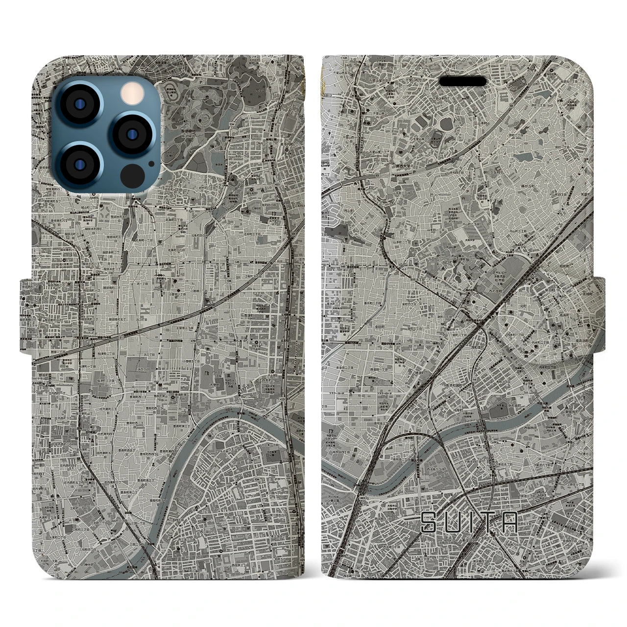 【吹田(大阪府)】地図柄iPhoneケース(手帳タイプ)モノトーン・iPhone 12 / 12 Pro 用