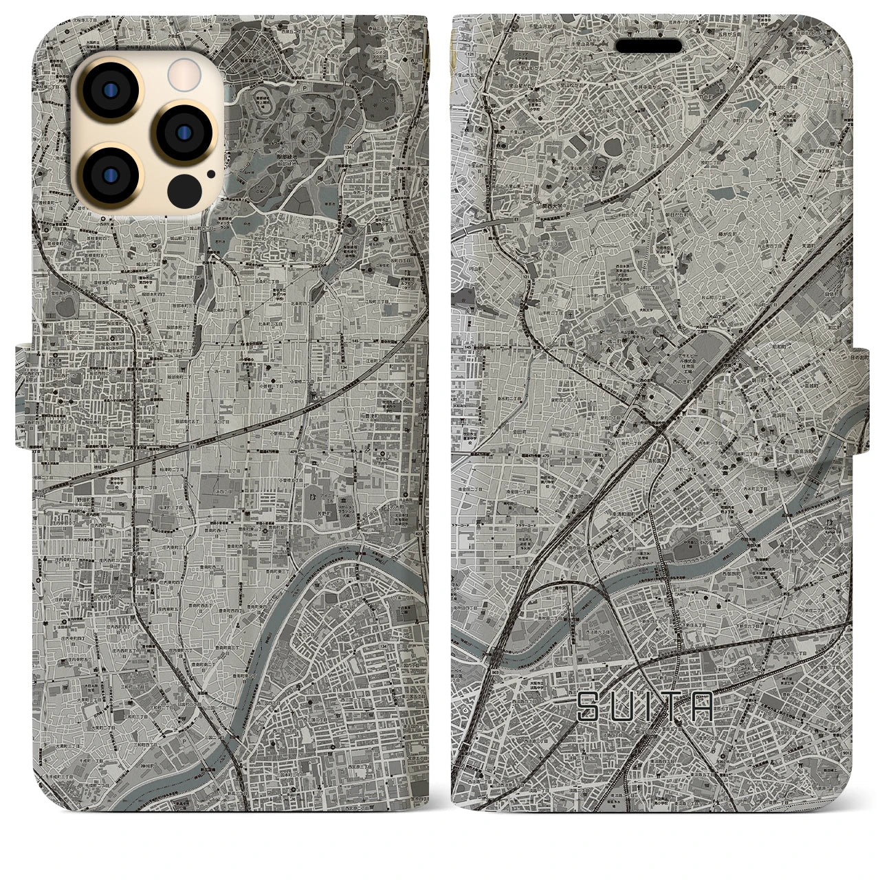 【吹田(大阪府)】地図柄iPhoneケース(手帳タイプ)モノトーン・iPhone 12 Pro Max 用