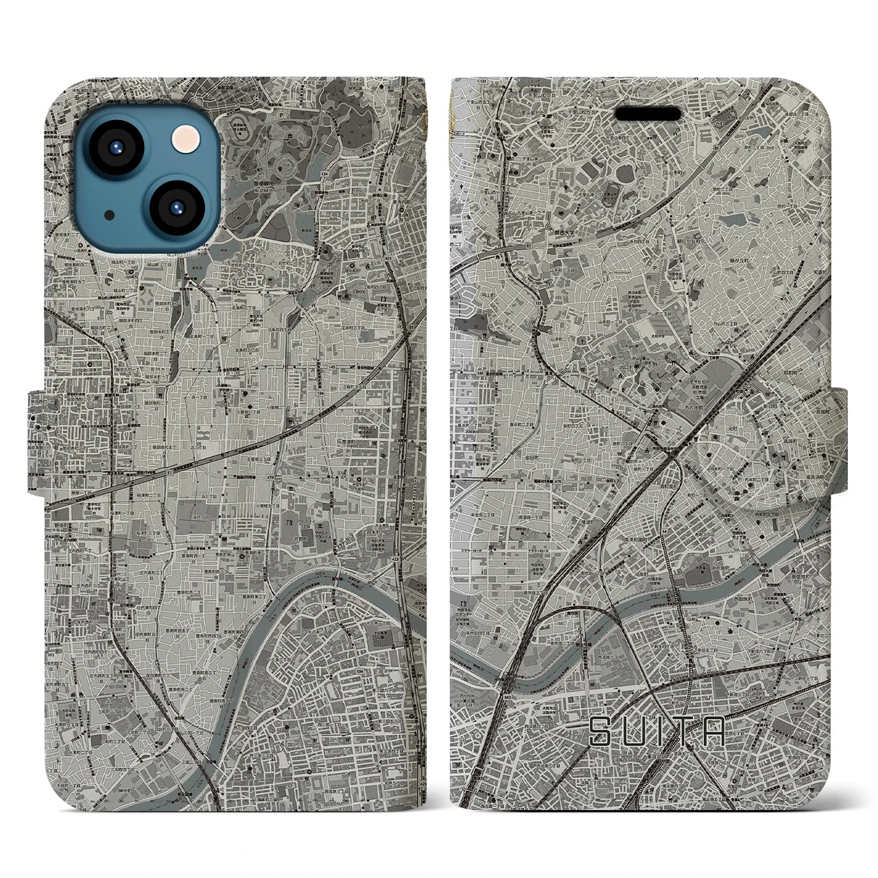 【吹田(大阪府)】地図柄iPhoneケース(手帳タイプ)モノトーン・iPhone 13 用