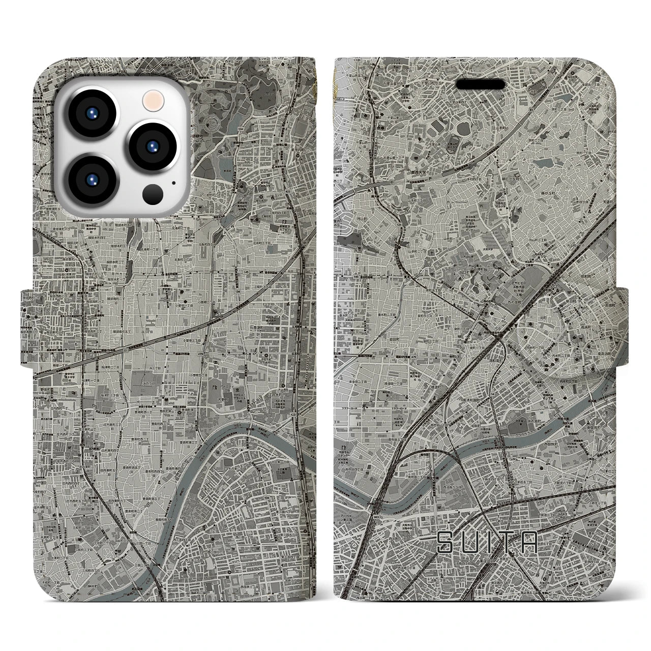 【吹田(大阪府)】地図柄iPhoneケース(手帳タイプ)モノトーン・iPhone 13 Pro 用