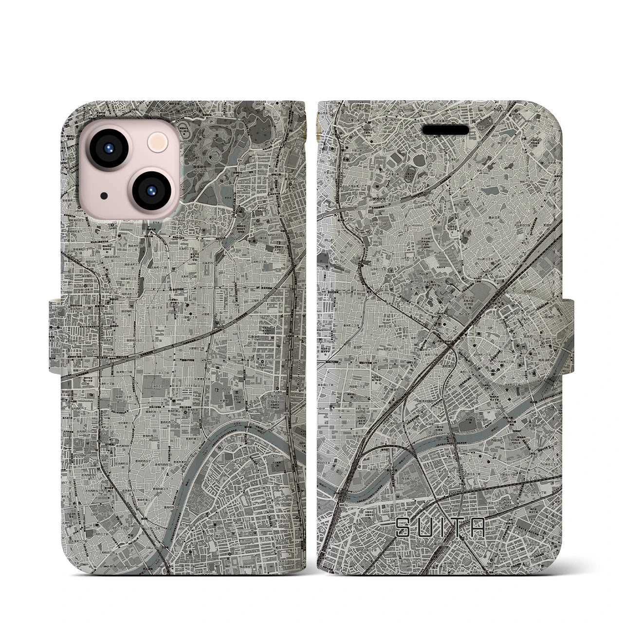 【吹田(大阪府)】地図柄iPhoneケース(手帳タイプ)モノトーン・iPhone 13 mini 用