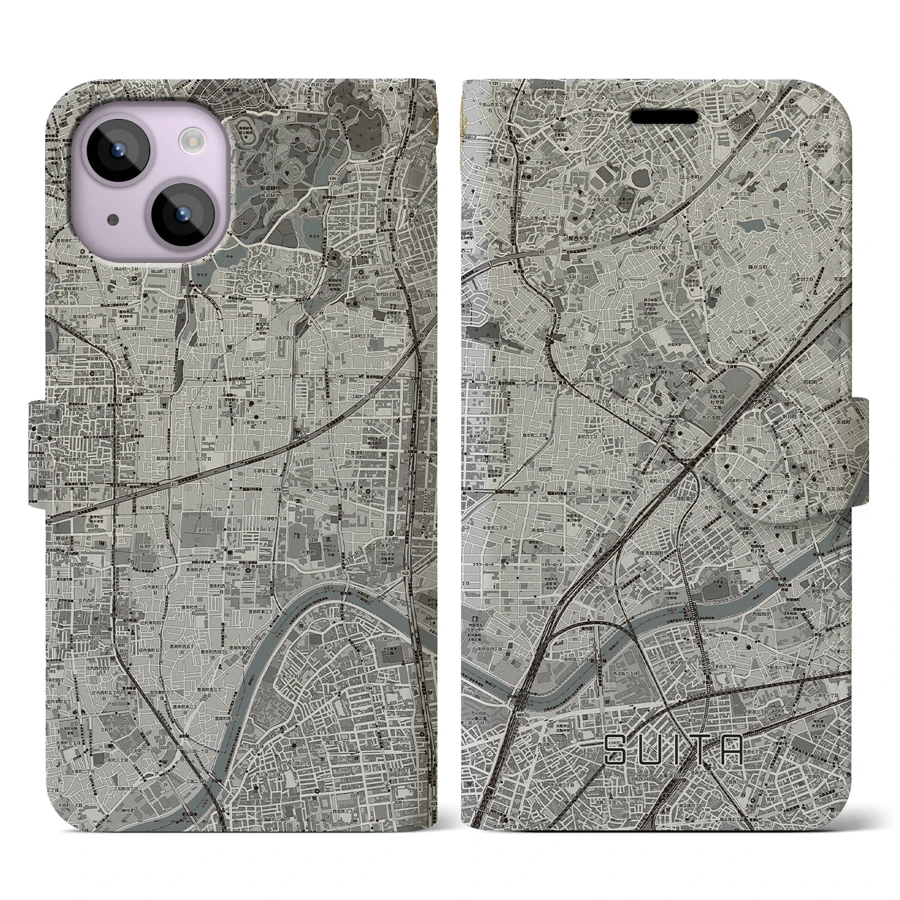 【吹田(大阪府)】地図柄iPhoneケース(手帳タイプ)モノトーン・iPhone 14 用