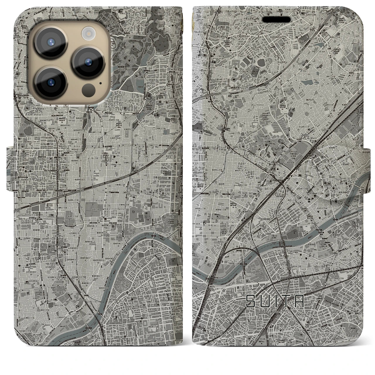 【吹田(大阪府)】地図柄iPhoneケース(手帳タイプ)モノトーン・iPhone 14 Pro Max 用