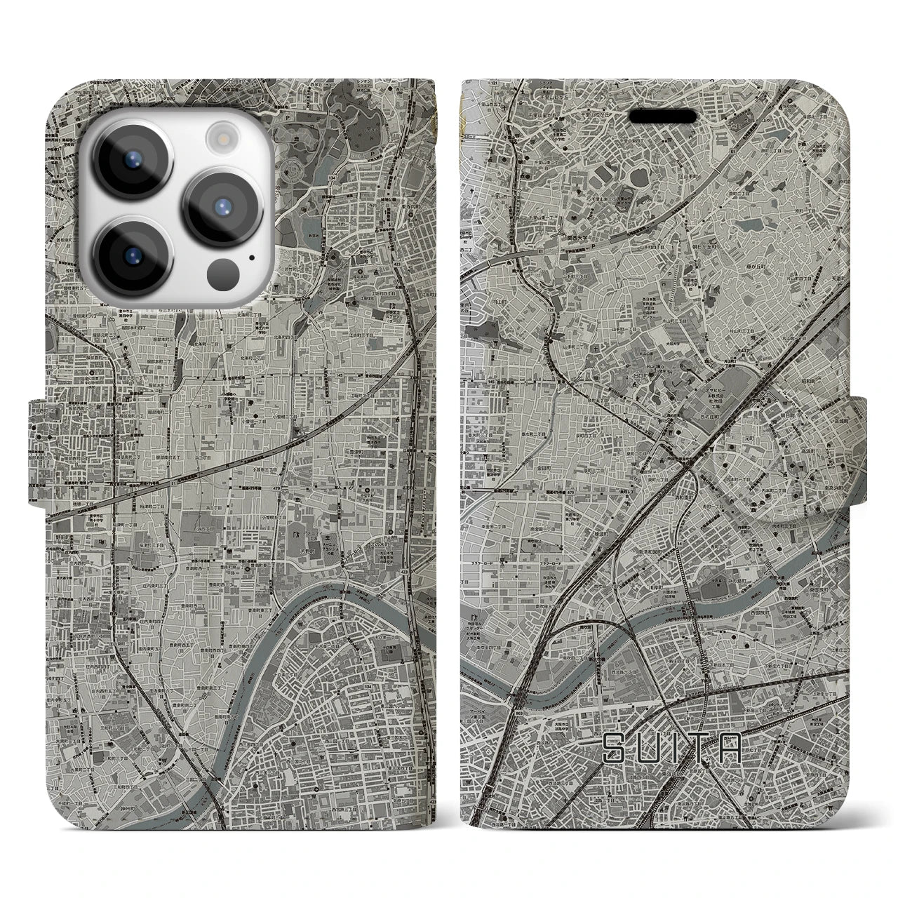 【吹田(大阪府)】地図柄iPhoneケース(手帳タイプ)モノトーン・iPhone 14 Pro 用