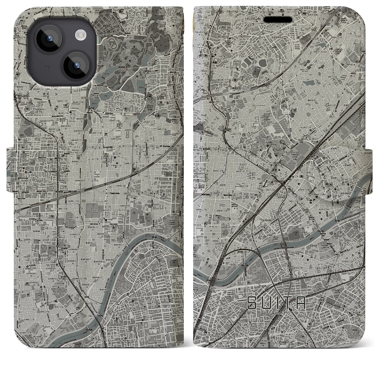 【吹田(大阪府)】地図柄iPhoneケース(手帳タイプ)モノトーン・iPhone 14 Plus 用