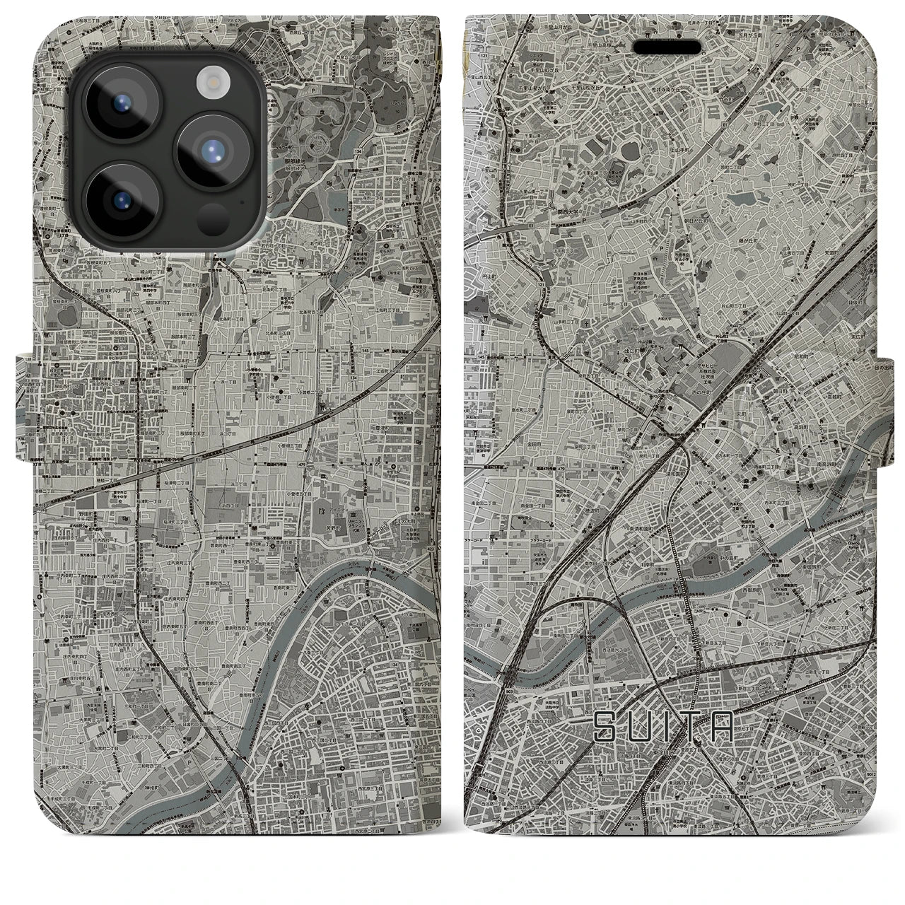 【吹田(大阪府)】地図柄iPhoneケース(手帳タイプ)モノトーン・iPhone 15 Pro Max 用