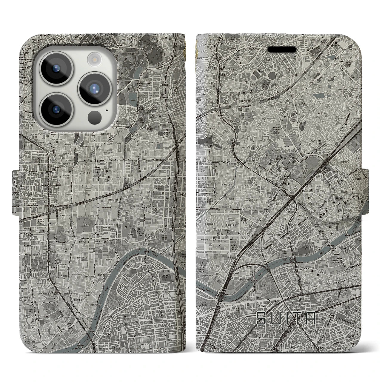 【吹田(大阪府)】地図柄iPhoneケース(手帳タイプ)モノトーン・iPhone 15 Pro 用