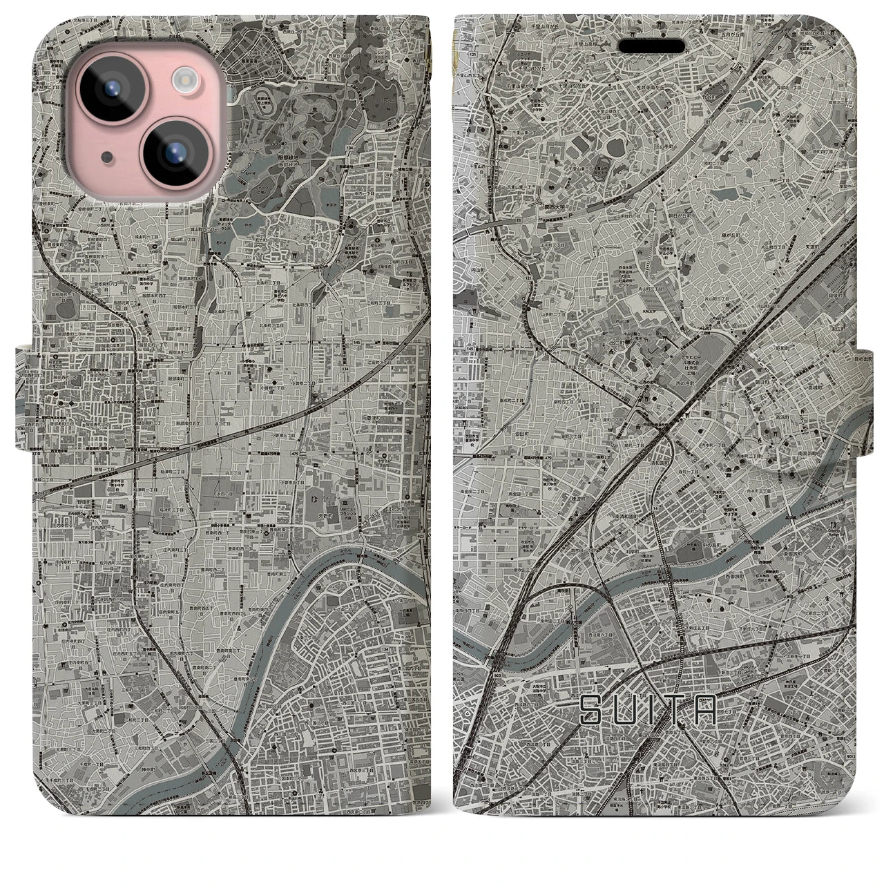【吹田(大阪府)】地図柄iPhoneケース(手帳タイプ)モノトーン・iPhone 15 Plus 用