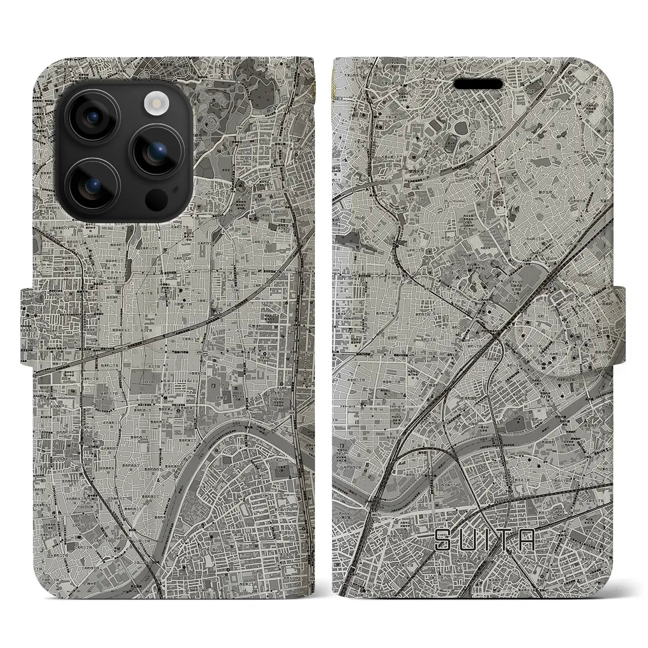 【吹田(大阪府)】地図柄iPhoneケース(手帳タイプ)モノトーン・iPhone 16 用