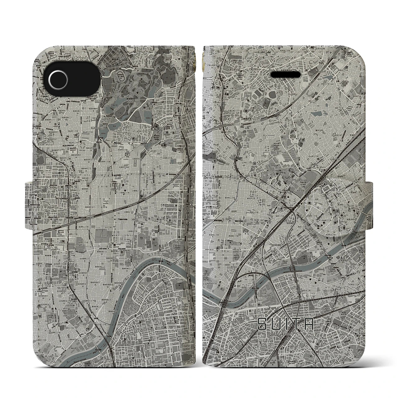 【吹田(大阪府)】地図柄iPhoneケース(手帳タイプ)モノトーン・iPhone SE(第3 / 第2世代) / 8 / 7 / 6s / 6 用