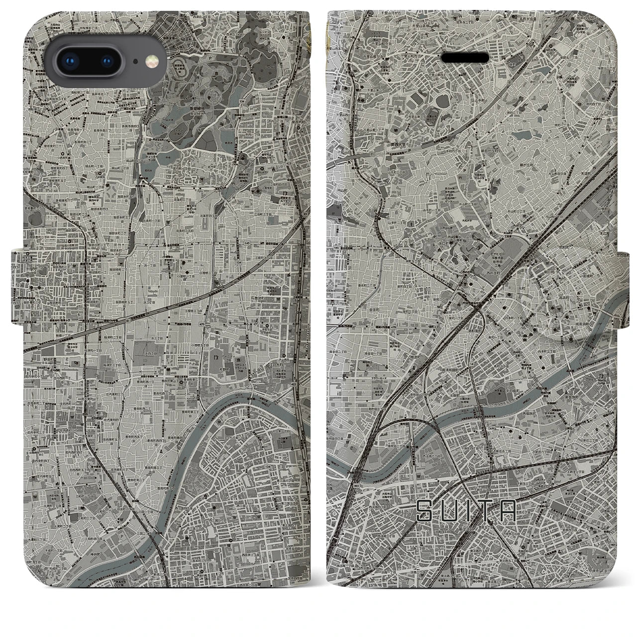 【吹田(大阪府)】地図柄iPhoneケース(手帳タイプ)モノトーン・iPhone 8Plus /7Plus / 6sPlus / 6Plus 用