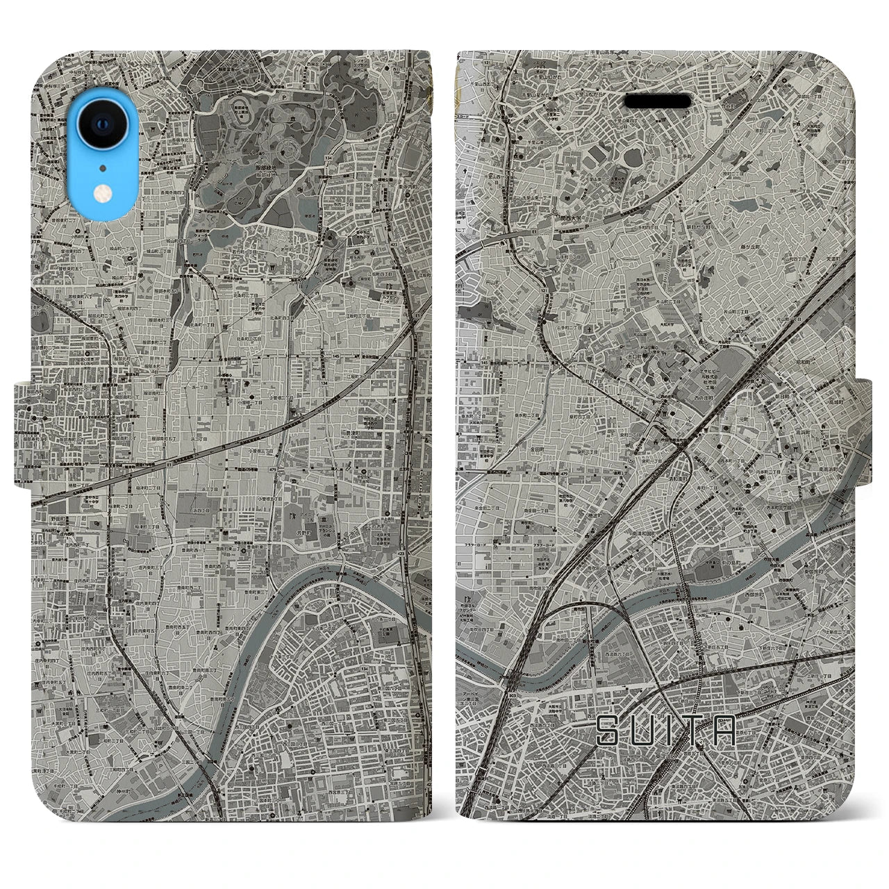 【吹田(大阪府)】地図柄iPhoneケース(手帳タイプ)モノトーン・iPhone XR 用