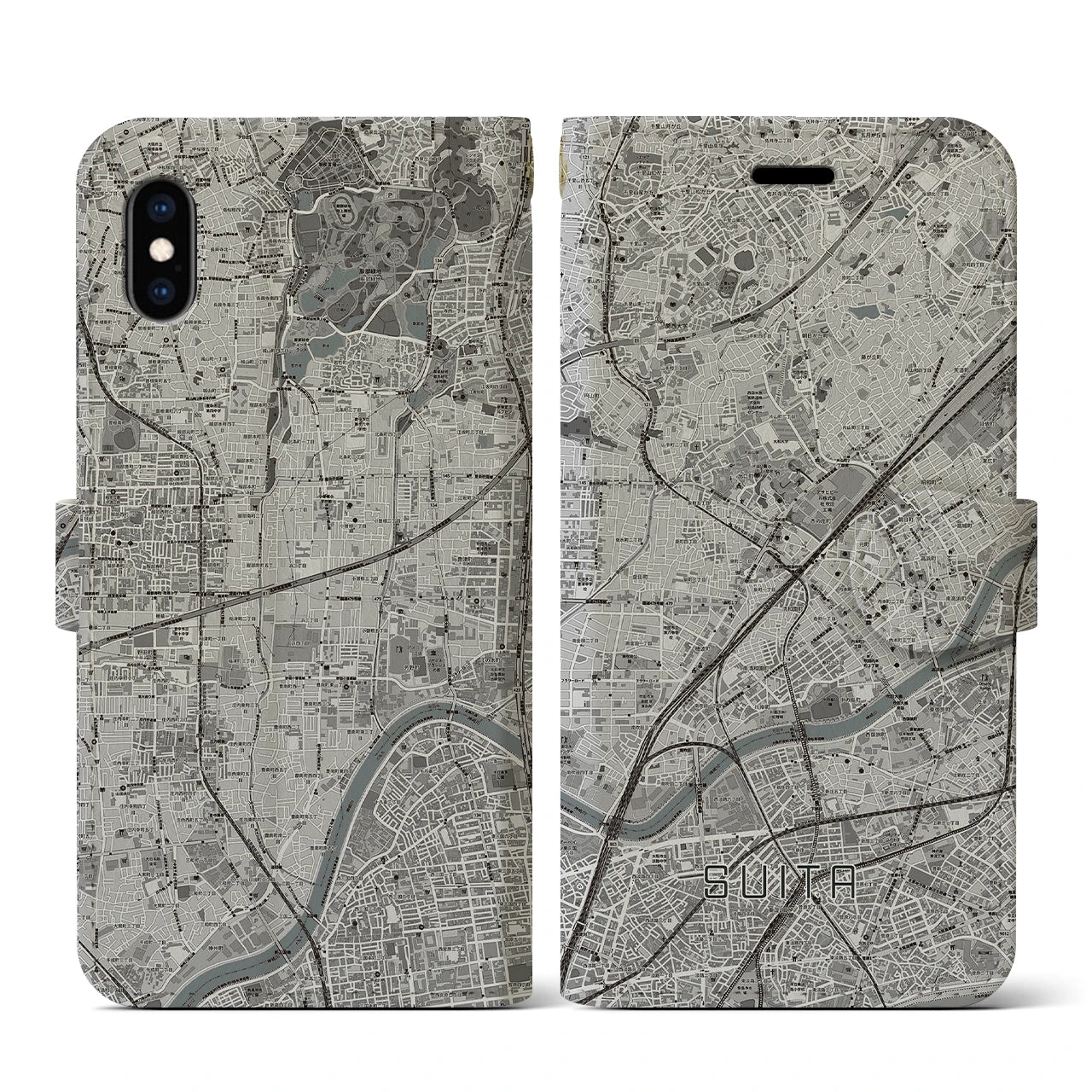 【吹田(大阪府)】地図柄iPhoneケース(手帳タイプ)モノトーン・iPhone XS / X 用