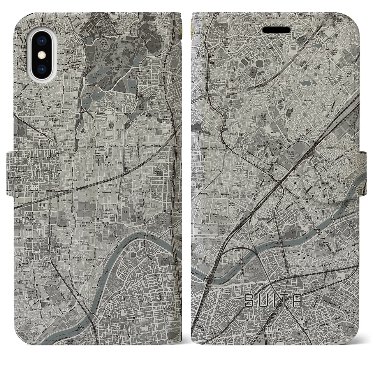 【吹田(大阪府)】地図柄iPhoneケース(手帳タイプ)モノトーン・iPhone XS Max 用