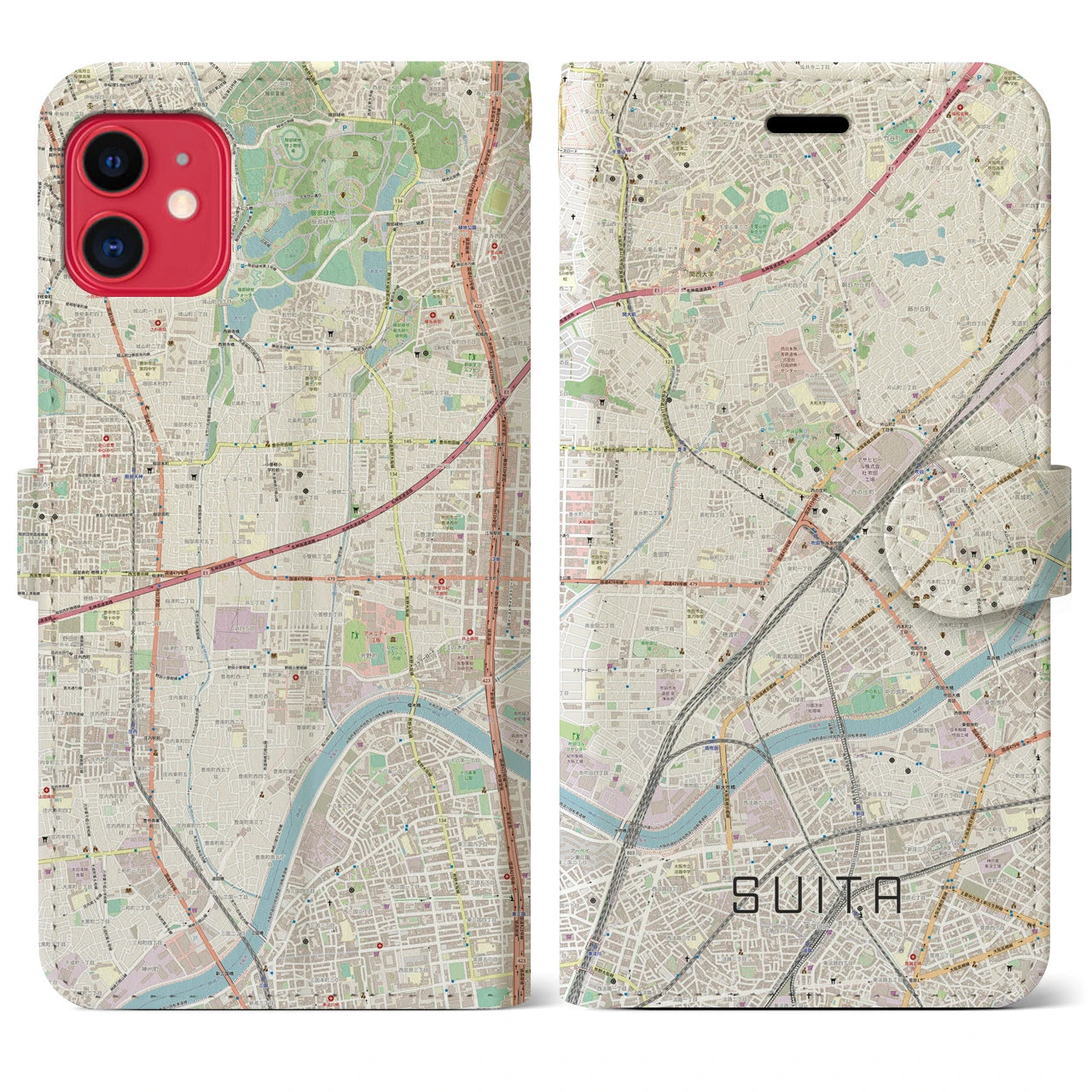 【吹田(大阪府)】地図柄iPhoneケース(手帳タイプ)ナチュラル・iPhone 11 用