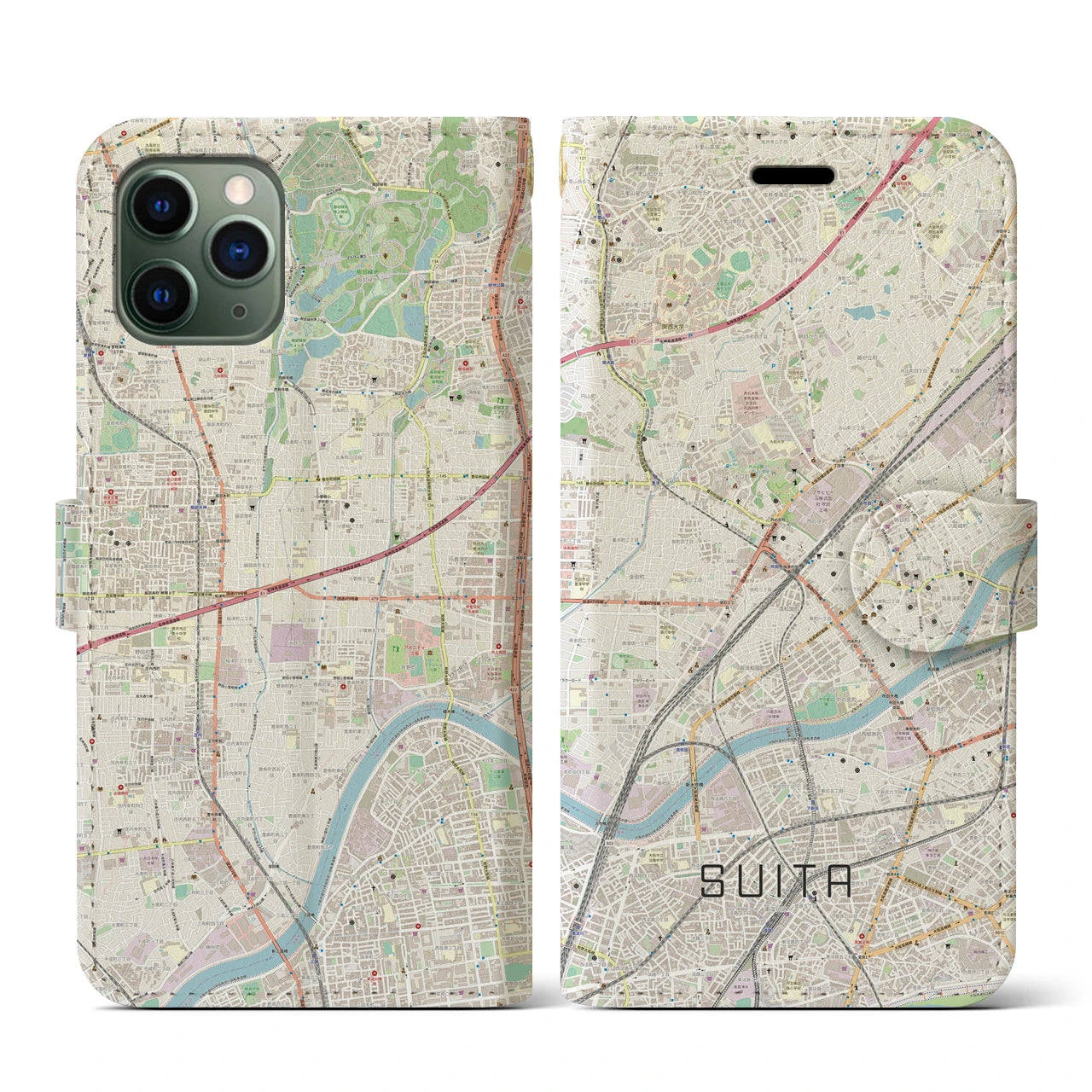 【吹田(大阪府)】地図柄iPhoneケース(手帳タイプ)ナチュラル・iPhone 11 Pro 用