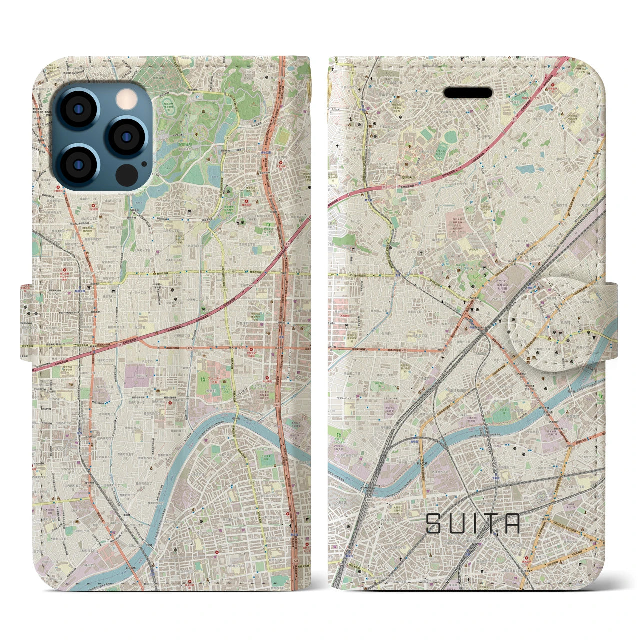 【吹田(大阪府)】地図柄iPhoneケース(手帳タイプ)ナチュラル・iPhone 12 / 12 Pro 用