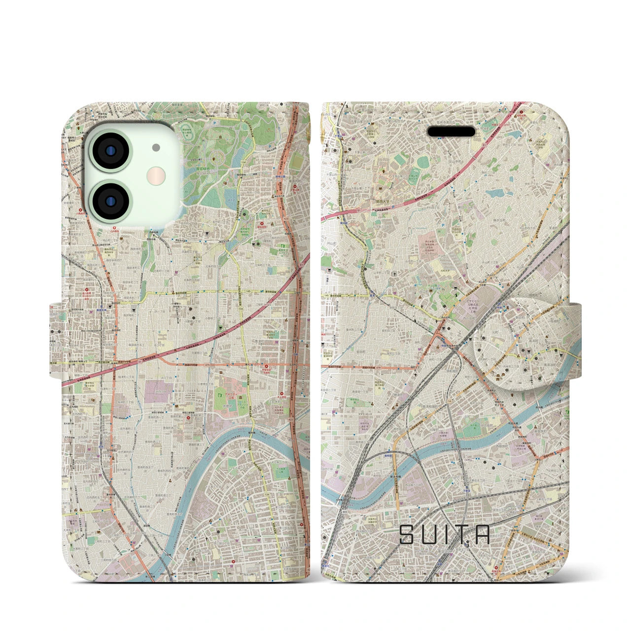 【吹田(大阪府)】地図柄iPhoneケース(手帳タイプ)ナチュラル・iPhone 12 mini 用