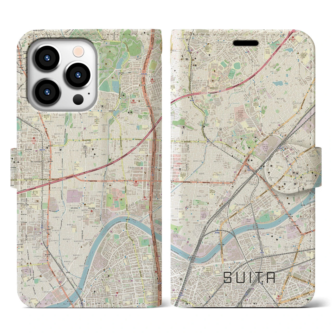 【吹田(大阪府)】地図柄iPhoneケース(手帳タイプ)ナチュラル・iPhone 13 Pro 用