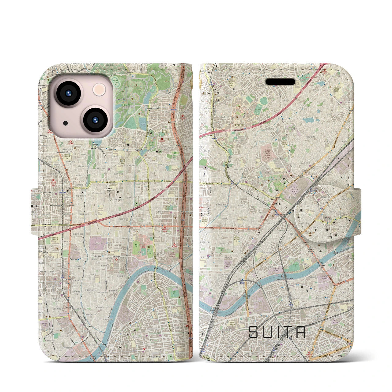 【吹田(大阪府)】地図柄iPhoneケース(手帳タイプ)ナチュラル・iPhone 13 mini 用