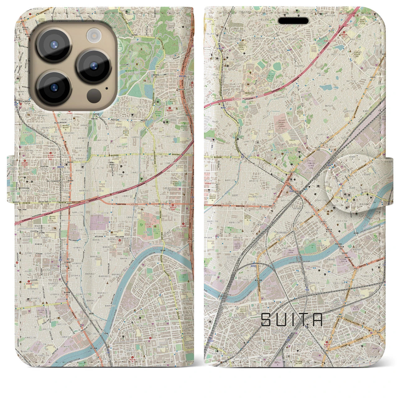 【吹田(大阪府)】地図柄iPhoneケース(手帳タイプ)ナチュラル・iPhone 14 Pro Max 用