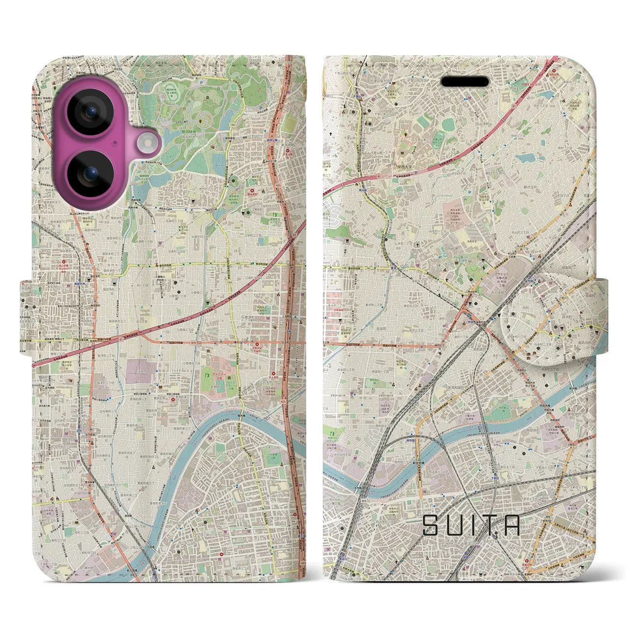 【吹田(大阪府)】地図柄iPhoneケース(手帳タイプ)ナチュラル・iPhone 16 Pro 用