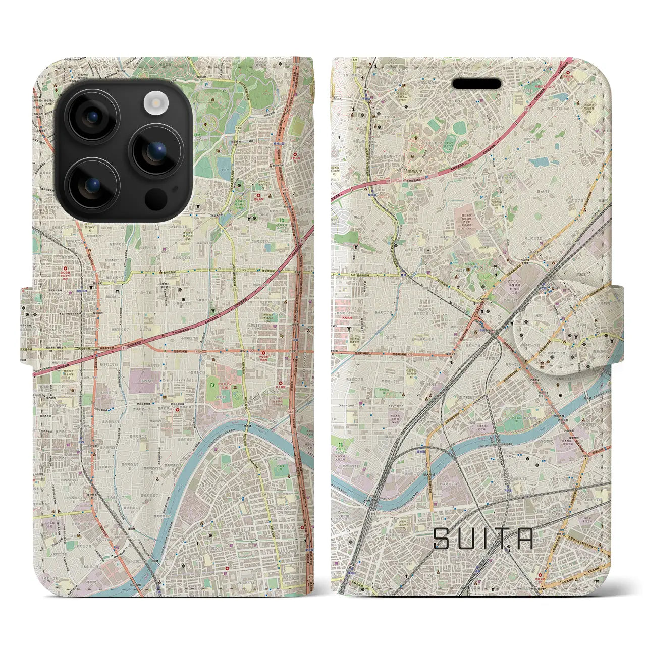 【吹田(大阪府)】地図柄iPhoneケース(手帳タイプ)ナチュラル・iPhone 16 用