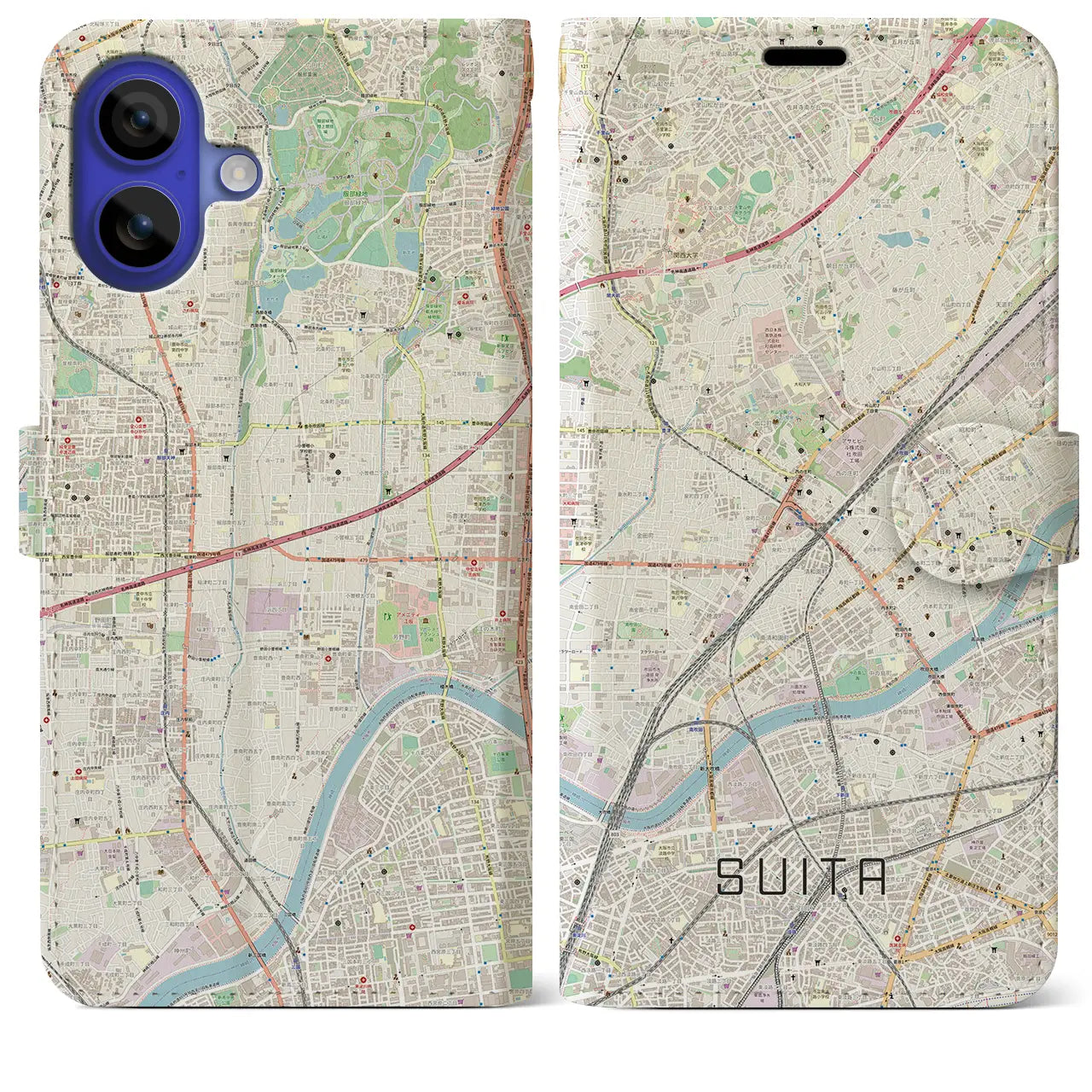 【吹田(大阪府)】地図柄iPhoneケース(手帳タイプ)ナチュラル・iPhone 16 Pro Max 用
