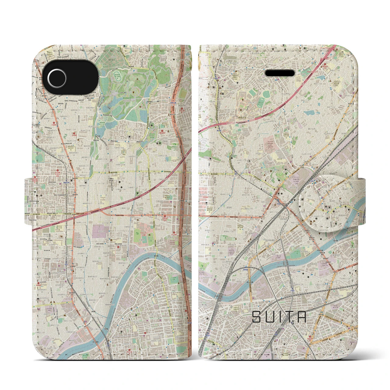 【吹田(大阪府)】地図柄iPhoneケース(手帳タイプ)ナチュラル・iPhone SE(第3 / 第2世代) / 8 / 7 / 6s / 6 用