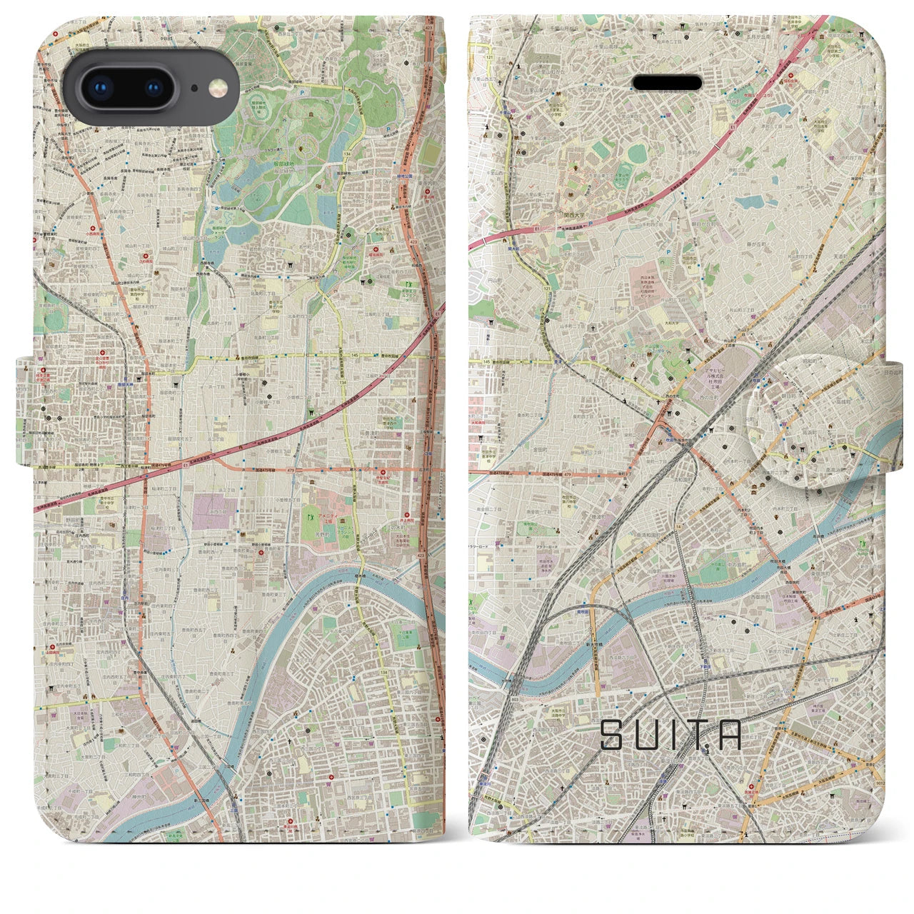 【吹田(大阪府)】地図柄iPhoneケース(手帳タイプ)ナチュラル・iPhone 8Plus /7Plus / 6sPlus / 6Plus 用