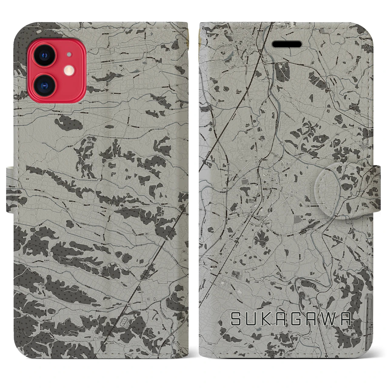 【須賀川(福島県)】地図柄iPhoneケース(手帳タイプ)モノトーン・iPhone 11 用
