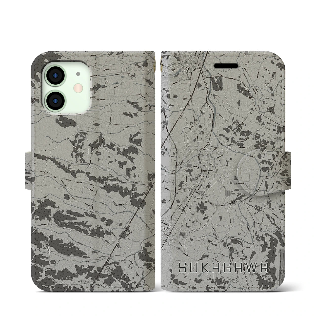 【須賀川(福島県)】地図柄iPhoneケース(手帳タイプ)モノトーン・iPhone 12 mini 用