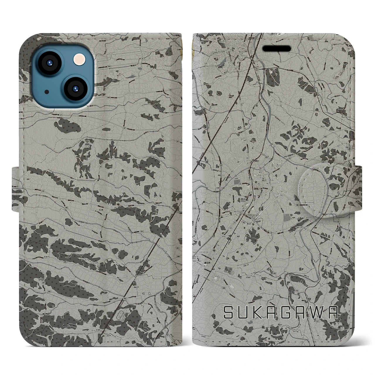 【須賀川(福島県)】地図柄iPhoneケース(手帳タイプ)モノトーン・iPhone 13 用