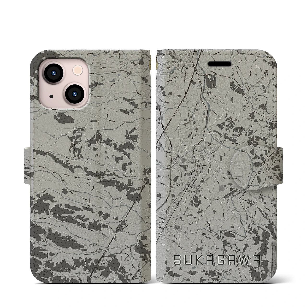 【須賀川(福島県)】地図柄iPhoneケース(手帳タイプ)モノトーン・iPhone 13 mini 用