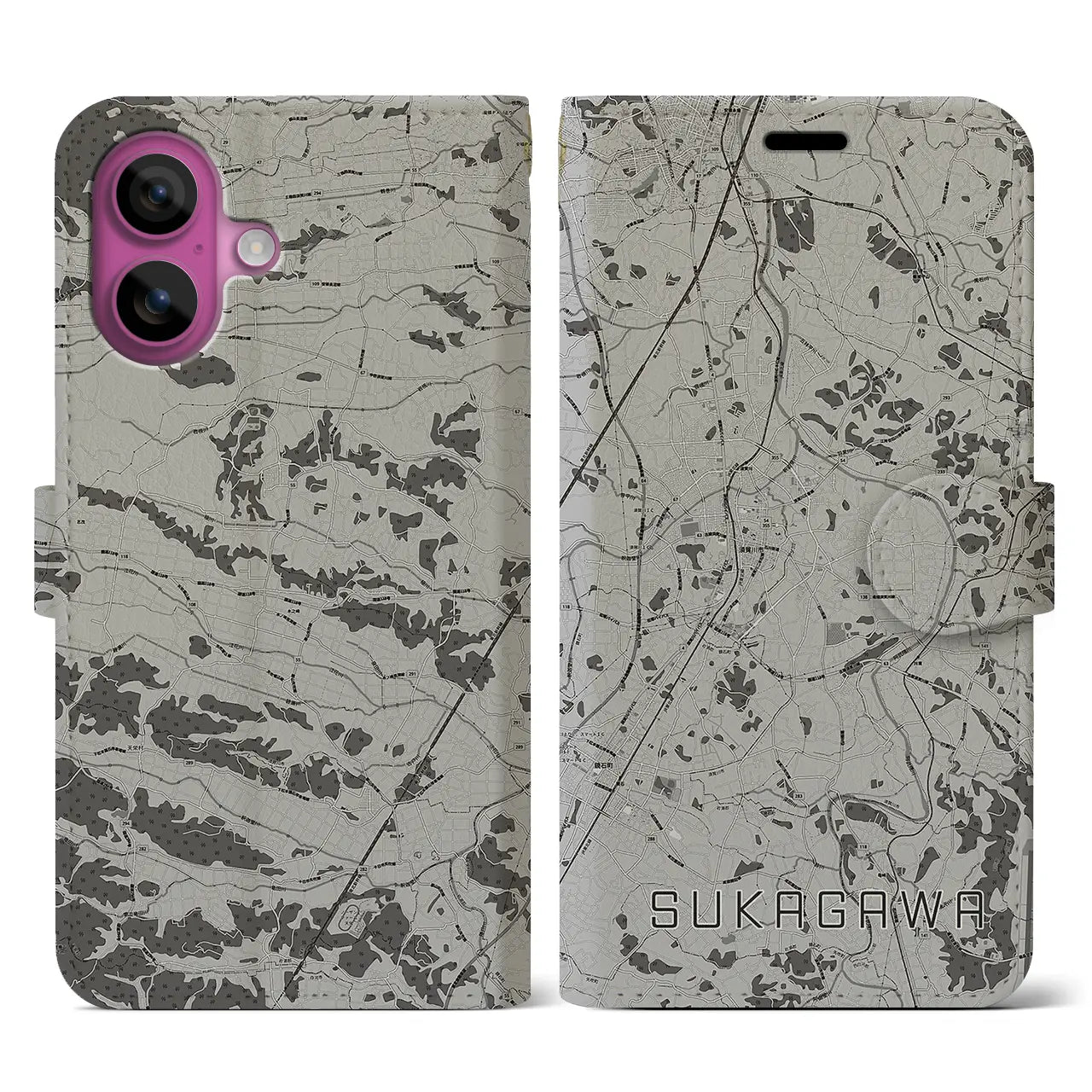 【須賀川(福島県)】地図柄iPhoneケース(手帳タイプ)モノトーン・iPhone 16 Pro 用