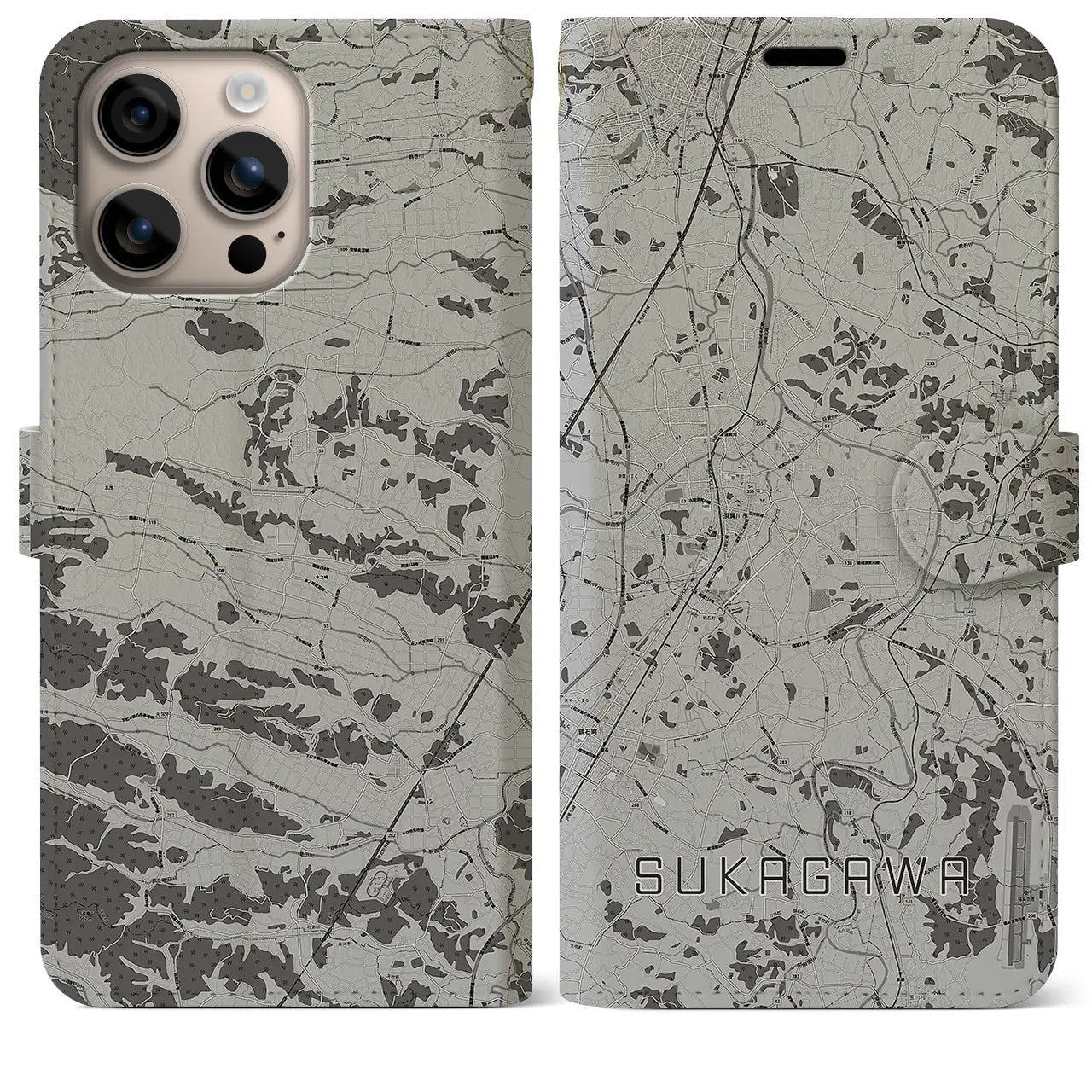 【須賀川(福島県)】地図柄iPhoneケース(手帳タイプ)モノトーン・iPhone 16 Plus 用