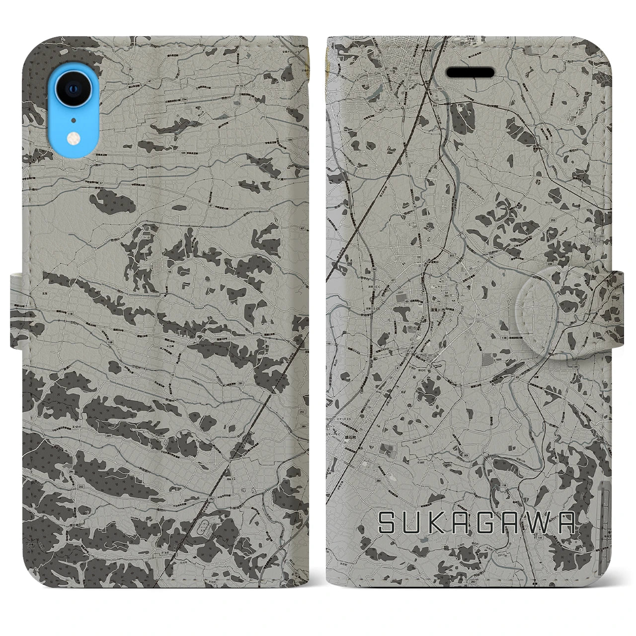 【須賀川(福島県)】地図柄iPhoneケース(手帳タイプ)モノトーン・iPhone XR 用