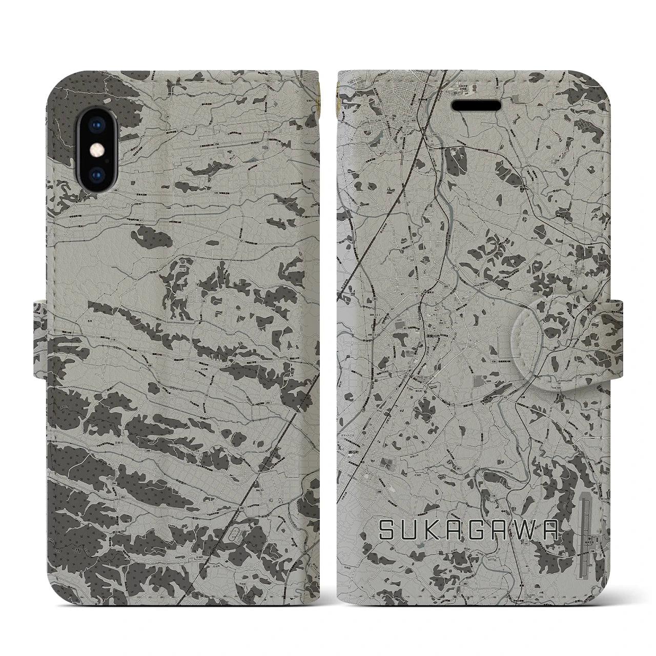 【須賀川(福島県)】地図柄iPhoneケース(手帳タイプ)モノトーン・iPhone XS / X 用